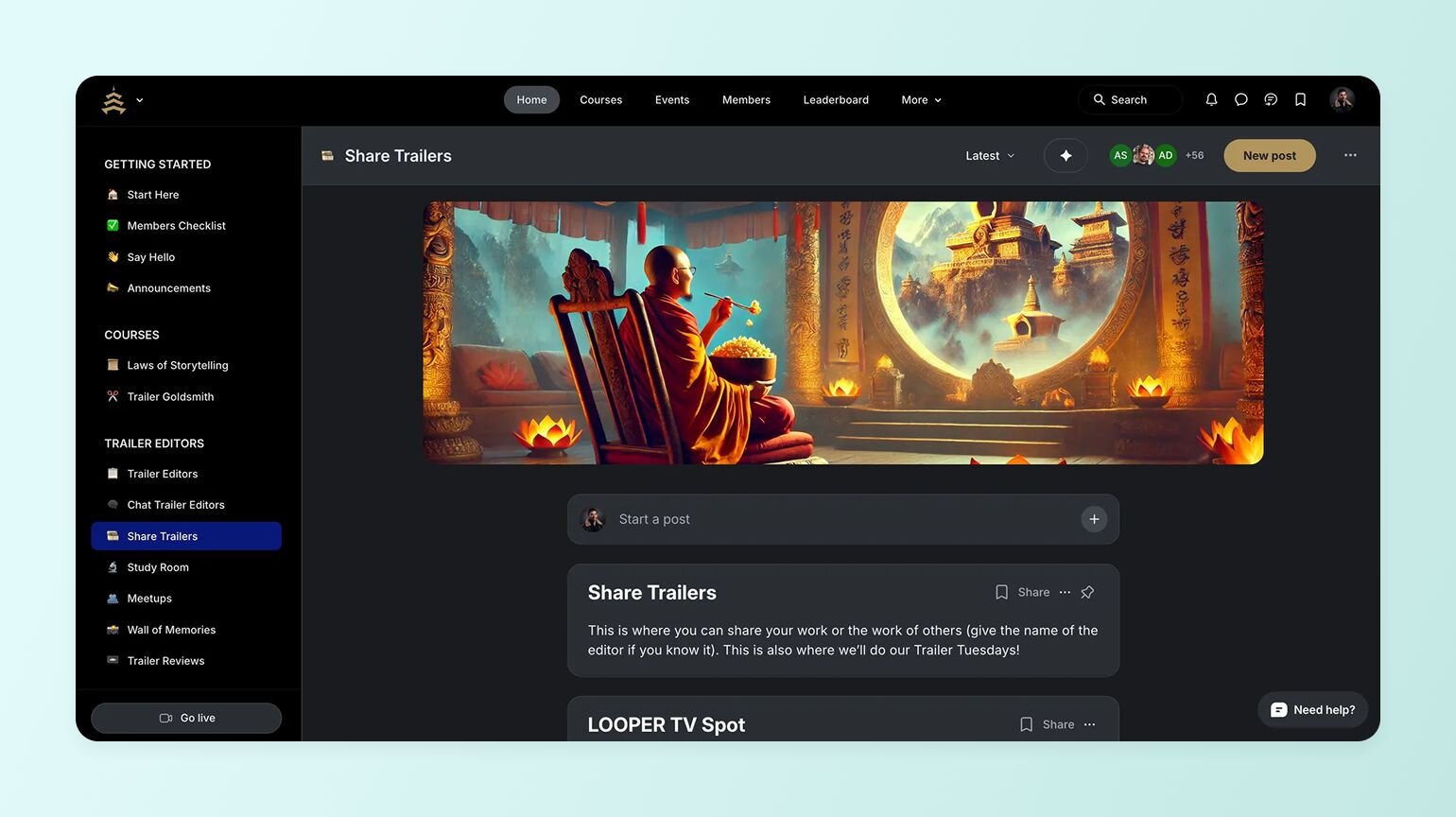 Dark-themed Circle community space called 'Share Trailers' showing cinematic header image of monk in temple, navigation sidebar with course sections, and member collaboration area