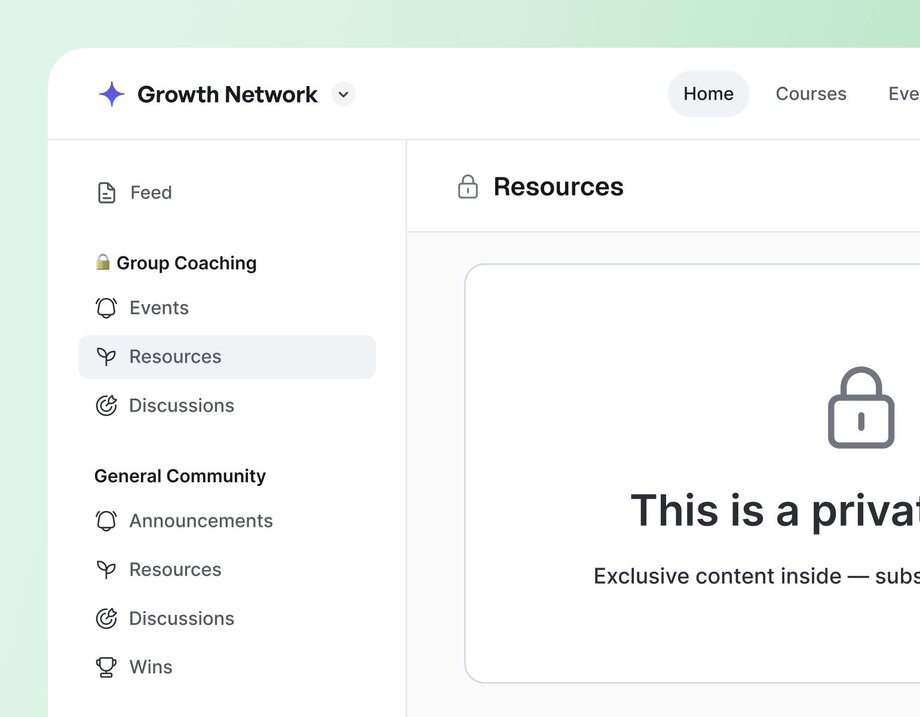 Sidebar navigation in a community platform showing two groups: “Group Coaching” and “General Community.” The Group Coaching section is locked and includes spaces for “Events,” “Resources,” and “Discussions,” while the General Community section is open, mirroring similar space types. The main screen displays a locked “Resources” space with a message about exclusive content.