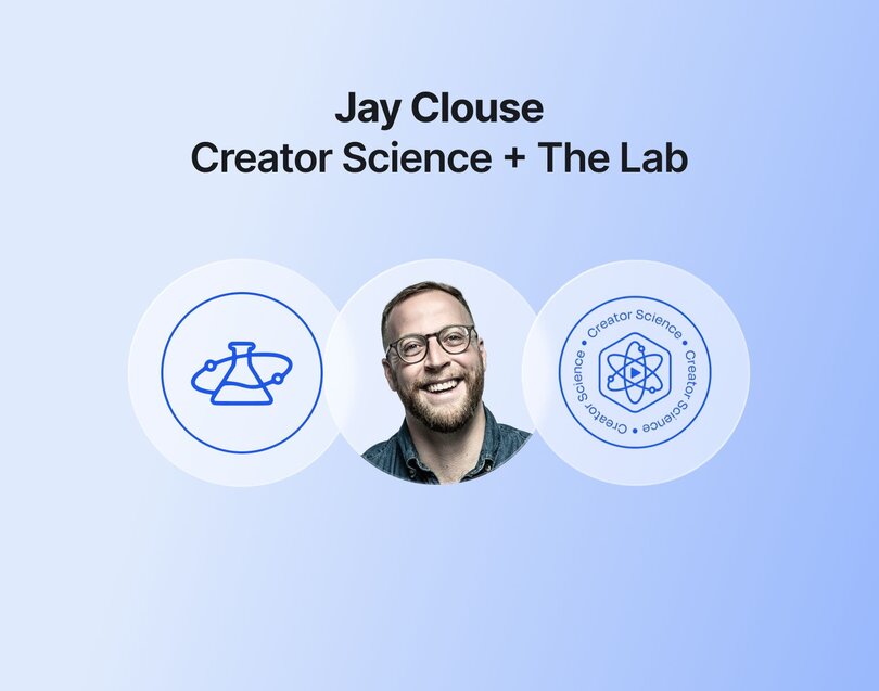 Brand showcase for Jay Clouse Creator Science + The Lab on light blue background. Features three circular elements: blue laboratory flask icon, photo of smiling bearded man with glasses wearing a teal shirt, and Creator Science logo with atomic symbol design.