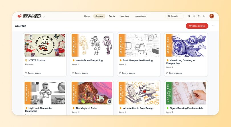 SVSLearn courses page displaying grid of art classes including drawing, perspective, color, and design courses