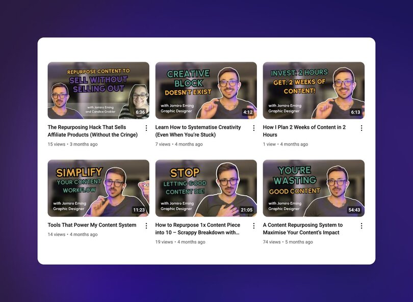 Grid of YouTube video thumbnails featuring Jomiro Eming with titles on repurposing hacks, workflows, and content systems.