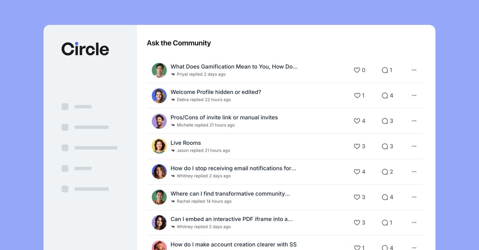 Membership site community forum showing discussion topics and engagement metrics with user avatars