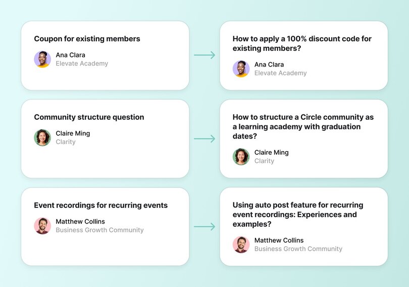 Before and after examples of AI-improved post titles, showing transformation from generic titles to specific, descriptive ones