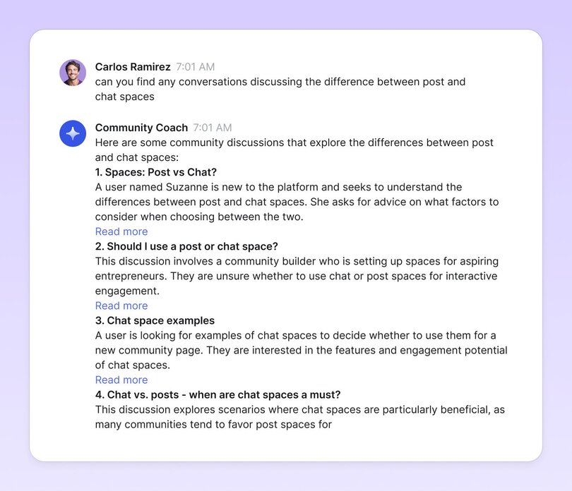 Conversation where Carlos Ramirez asks a Community Coach to find discussions about differences between post and chat spaces. The coach provides four relevant community discussions with brief descriptions and 'Read more' links for each topic.