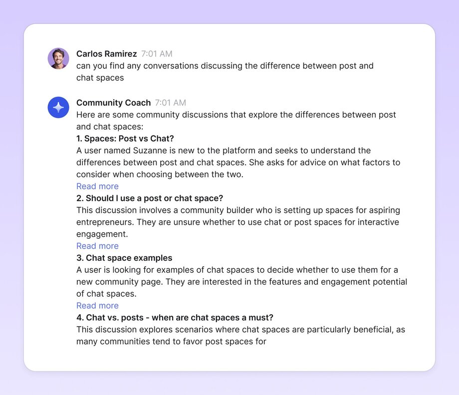 Conversation where Carlos Ramirez asks a Community Coach to find discussions about differences between post and chat spaces. The coach provides four relevant community discussions with brief descriptions and 'Read more' links for each topic.