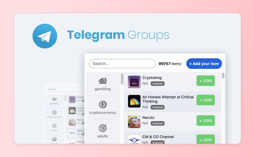 Telegram groups directory interface showing searchable categories like gambling, cryptocurrency, and adults. Each group entry includes a name, label (e.g., 'channel'), and green '+JOIN' buttons.