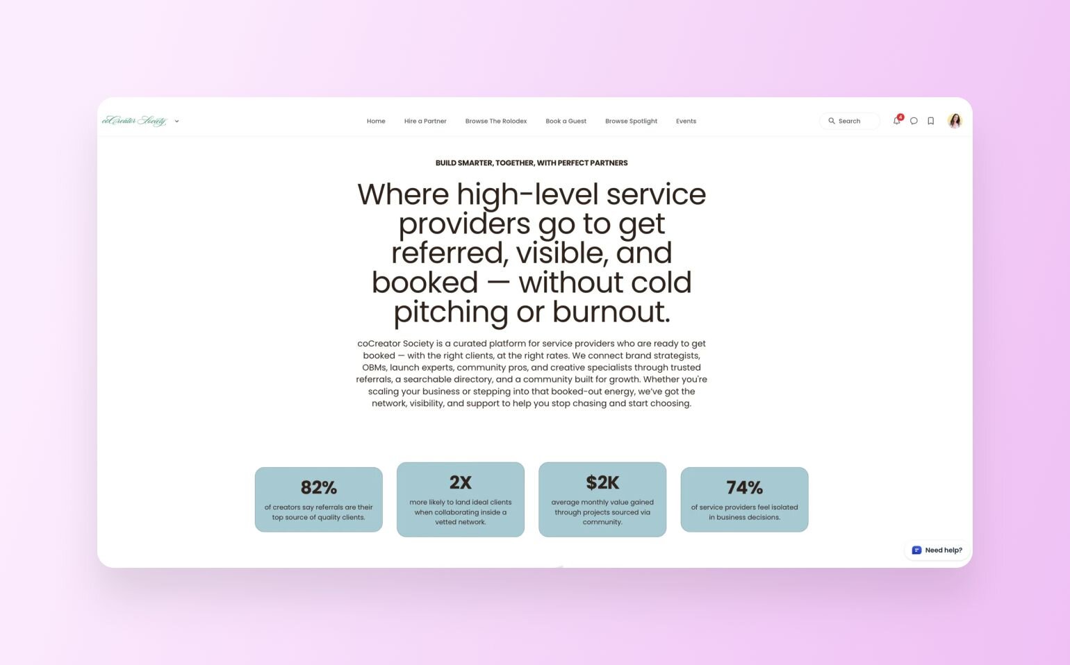 coCreator Society value proposition page highlighting benefits for service providers. Shows four key statistics: "82% of creators say referrals are their top source of quality clients," "2X more likely to land ideal clients," "$2K average monthly value gained," and "74% of service providers feel isolated in business decisions."