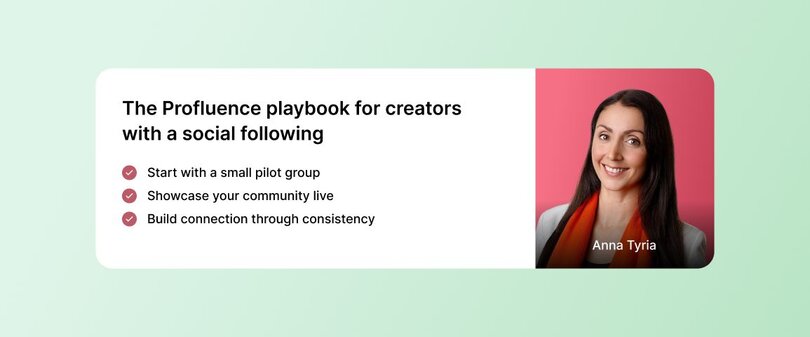 Card with mint green background featuring Anna Tyria's headshot on coral pink background. Headline reads 'The Profluence playbook for creators with a social following' with three coral checkmarks listing: Start with a small pilot group, Showcase your community live, Build connection through consistency.