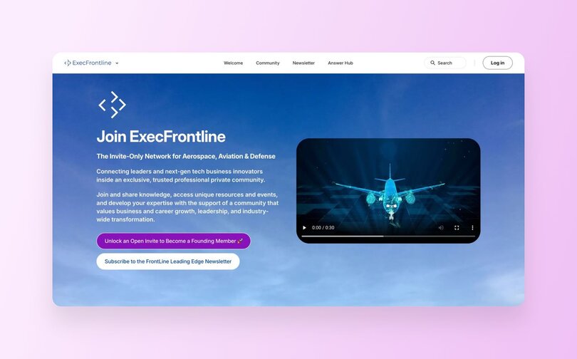 ExecFrontline homepage with blue gradient background and tagline "Join ExecFrontline: The Invite-Only Network for Aerospace, Aviation & Defense." Features aircraft silhouette video thumbnail and description of exclusive professional community for industry leaders. Two call-to-action buttons: "Unlock an Open Invite to Become a Founding Member" and "Subscribe to the FrontLine Leading Edge Newsletter."