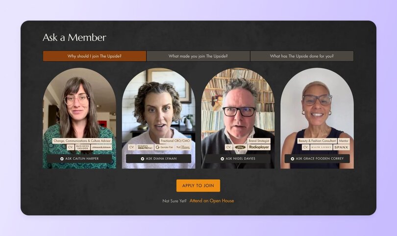 "Ask a Member" section on The Upside membership website featuring four member profiles with video testimonials from Caitlin Harper, Diana Lyman, Nigel Davies, and Grace Fooden Corkey, with "Apply to Join" button.