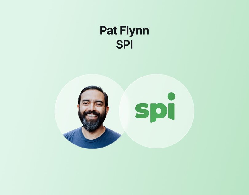 Brand showcase for Pat Flynn SPI on mint green background. Features two circular elements: photo of smiling bearded man in blue shirt and the green 'spi' logo.