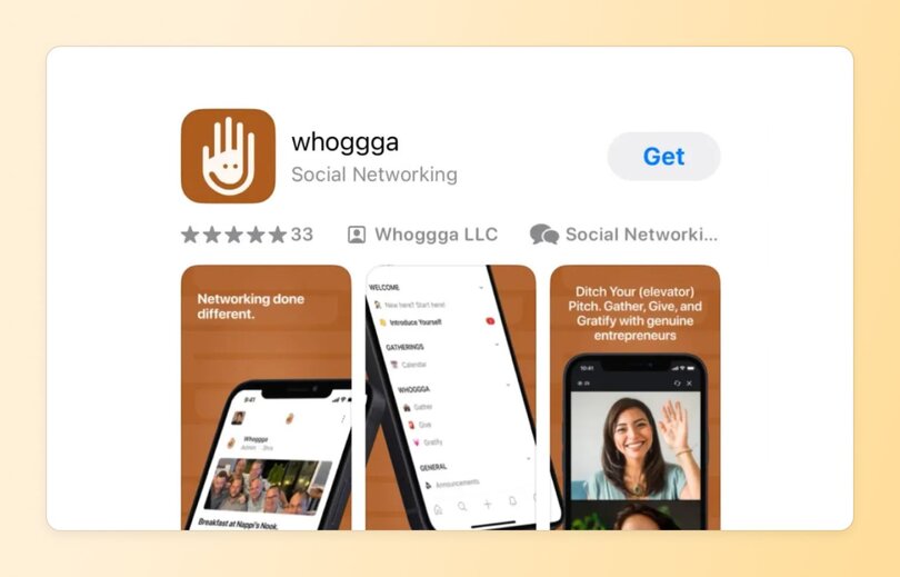 Whoggga mobile app store listing showing a brown hand logo icon, 5-star rating with 33 reviews, and three screenshots displaying networking features and video calling for entrepreneurs