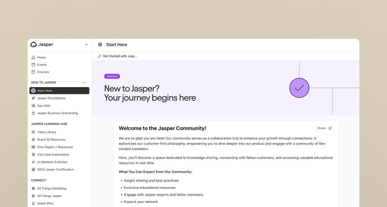 Screenshot of Jasper's community platform showing the 'Start Here' welcome page. The left sidebar displays navigation options including Home, Events, Courses, and various learning resources. The main content welcomes new members with an introduction to the community's purpose and benefits.