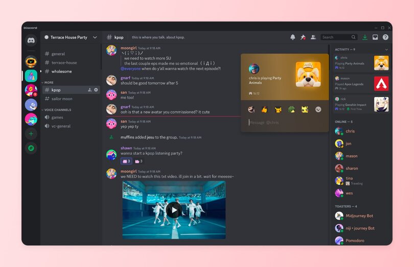 Discord chat interface showing a conversation in a channel named 'kpop' under the 'Terrace House Party' server. User messages include text, emojis, and a video thumbnail. Sidebar displays voice channels and member activity, including who's online and what games they're playing.