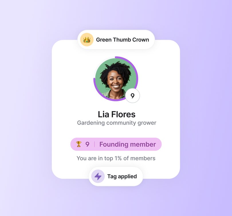 User profile for Lia Flores, level 9 gardening community member with Green Thumb Crown badge and founding member status.
