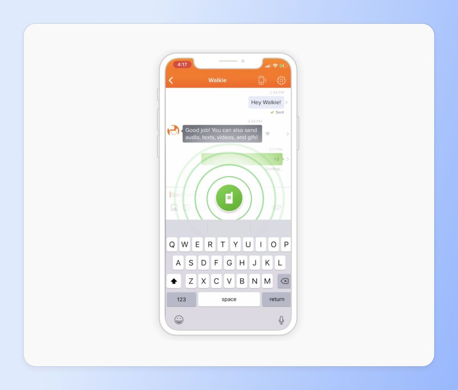 Screenshot of a mobile app Voxer with an orange header showing a simple chat interface. A green circular button in the center appears to be for voice messaging, with text showing "Good job! You can also send audio, texts, videos, and gifs!