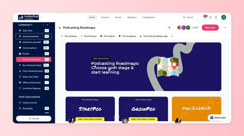 IndiePod community interface focused on Podcasting Roadmaps. A large banner displays the text 'Podcasting Roadmaps: Choose your stage & start learning' alongside a stylized map graphic. The dark sidebar includes sections like Announcements, Events, Be a Podcast Guest, Share Your Wins, and more. Below the main banner are three roadmap cards labeled 'StartPod', 'GrowPod', and 'Plan & Launch', each offering a free 7-day email course.