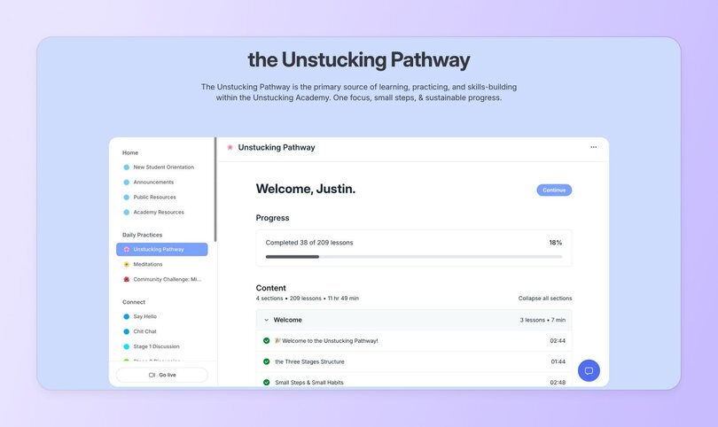 The Unstucking Pathway learning platform interface showing course progress (38 of 209 lessons completed), navigation sidebar, and lesson structure with completion status.