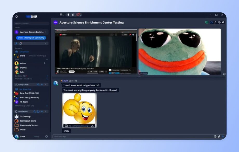 Screenshot of TeamSpeak interface showing a video chat with gaming content. The left sidebar displays channels and contacts, while the main area shows a video stream and chat messages with an emoji.