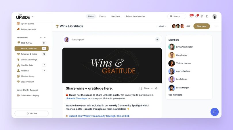 A community feed titled "Wins & Gratitude" in The Upside, encouraging members to share achievements, with a sidebar forum menu.