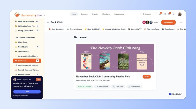 Circle community page for "thenovelrylive" Book Club section showing upcoming events. Features a purple banner for "The Novelry Book Club 2025" displaying book covers for May, July, September, and November selections. Shows details for a November book club event with RSVP option and attendee information.