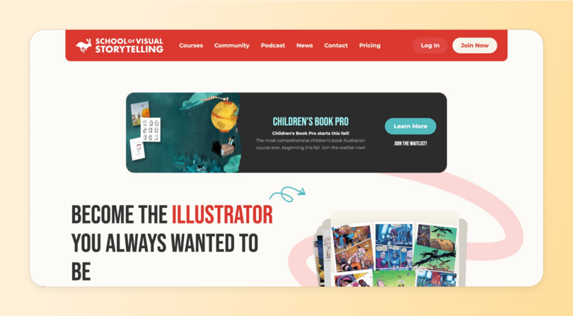 SVSLearn homepage with headline 'Become the illustrator you always wanted to be' and illustration samples