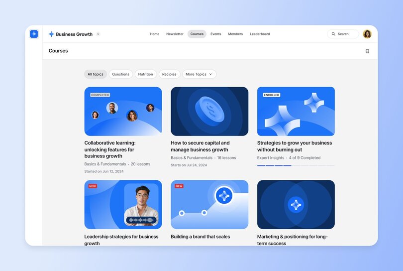 Business Growth community course catalog in Circle showing 6 courses with completion status - including 'Collaborative learning' (completed), 'How to secure capital' (basics), 'Strategies to grow your business' (4 of 9 completed), 'Leadership strategies' (new), 'Building a brand that scales' (new), and 'Marketing & positioning' courses
