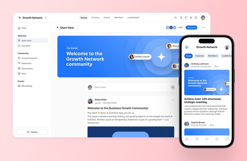 Circle community platform interface showing a 'Growth Network' community on desktop and mobile. The desktop view displays a welcome banner, navigation sidebar with spaces like Announcements, Resources, and Discussions, and a welcome post. The mobile view shows the community feed with member posts and a coaching program description.