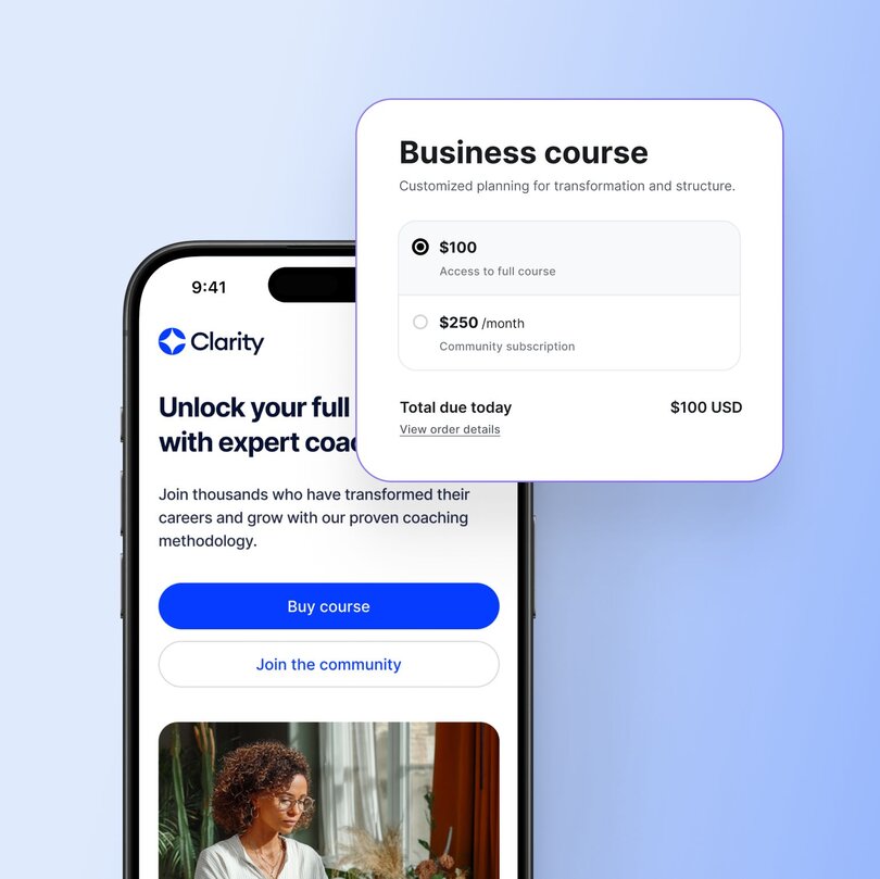 Mobile course pricing interface for Clarity platform showing Business course options: $100 for full access or $250/month community subscription, with $100 total due