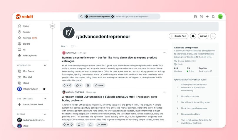 Reddit community page for r/advancedentrepreneur showing posts from users discussing e-commerce challenges and startup success stories. Sidebar includes community stats, rules, and a 'Create Post' button.