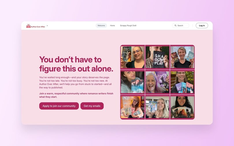 Author Ever After homepage featuring pink and purple gradient design with headline "You don't have to figure this out alone." Shows grid of nine photos displaying romance authors holding their published books. Two call-to-action buttons read "Apply to join our community" and "Get my emails."