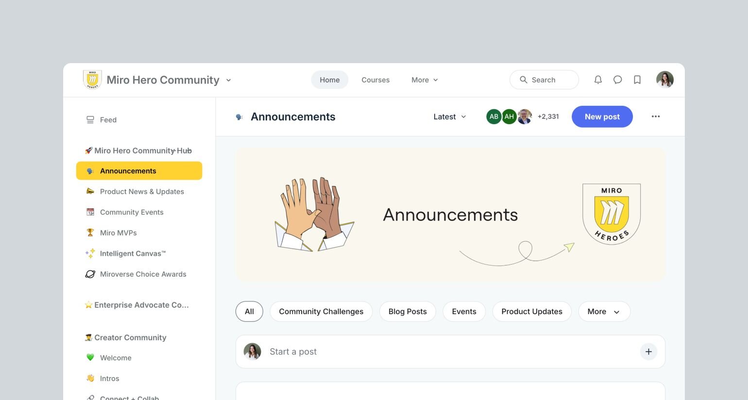 Miro Hero Community platform interface featuring a yellow-themed header with navigation options. The main content area shows an Announcements section with filter tabs (All, Community Challenges, Blog Posts, Events, Product Updates, More). The page includes an illustration of high-fiving hands and the Miro Heroes shield logo. Left sidebar displays community categories like Announcements, Product News & Updates, and Community Events.