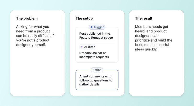 AI workflow for feature request management: identifies incomplete requests in product feedback spaces and prompts for additional details through automated follow-up questions