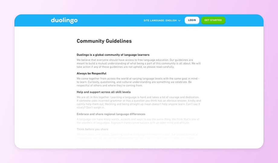 Screenshot of Duolingo’s community guidelines outlining respectful behavior, support across skill levels, and embracing language diversity.