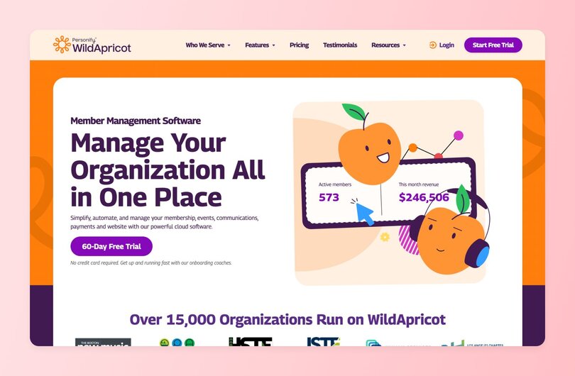 WildApricot homepage with the headline 'Manage Your Organization All in One Place.' Features playful orange apricot mascot characters alongside a dashboard mockup showing 573 active members and $246,506 in monthly revenue. Below reads 'Over 15,000 Organizations Run on WildApricot' with client logos.