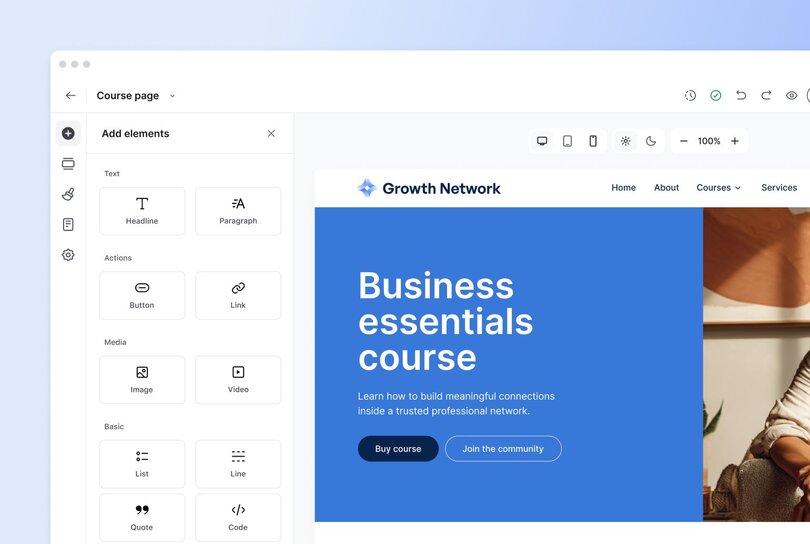 Website builder interface for Growth Network showing course page creation with text, media, and action elements sidebar, featuring 'Business essentials course' landing page