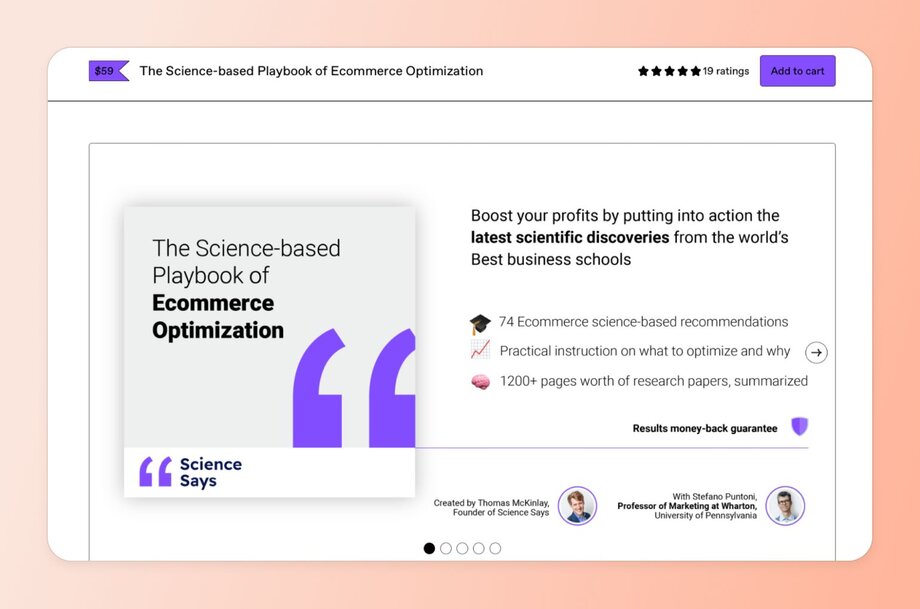 The Science-based Playbook of Ecommerce Optimization digital product listing showing a $59 e-book with 5-star rating, highlighting research-backed recommendations from business schools with a money-back guarantee.