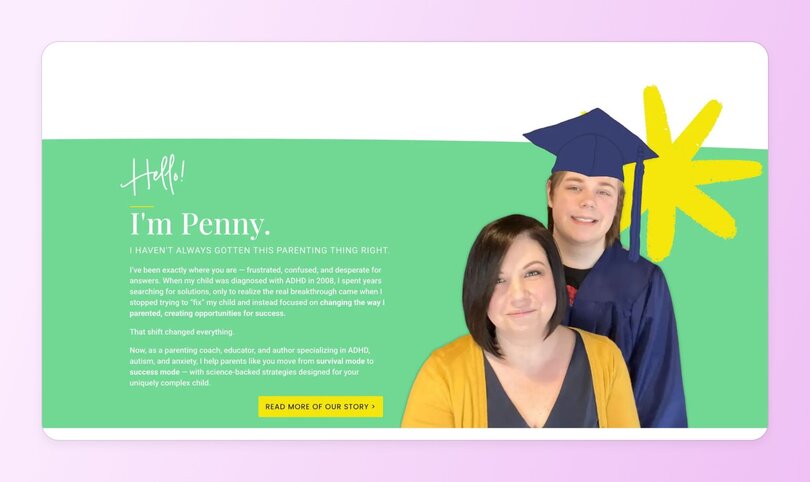 Personal coaching website hero section featuring Penny's story about parenting children with ADHD, with green background and photo of mother and graduate son.