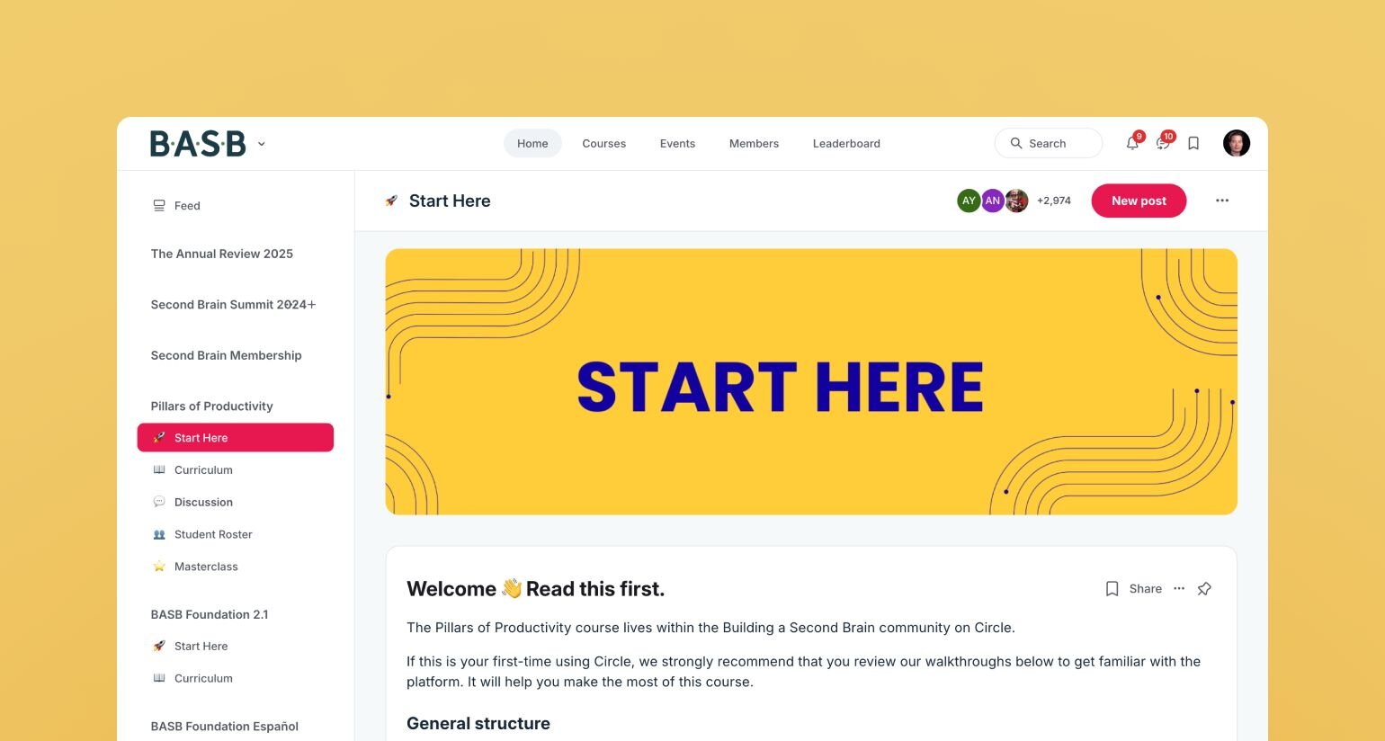 BASB community platform's 'Start Here' page with a yellow banner, course navigation sidebar, and welcome message explaining the Pillars of Productivity course structure.