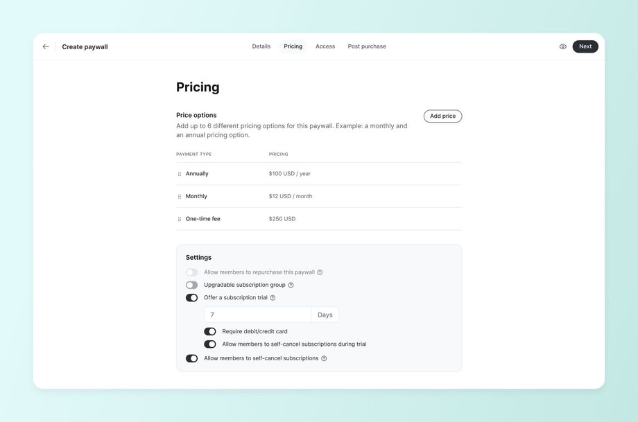 Pricing setup screen for a membership paywall, showing annual, monthly, and one-time fee options with customizable settings like trials and subscription rules.