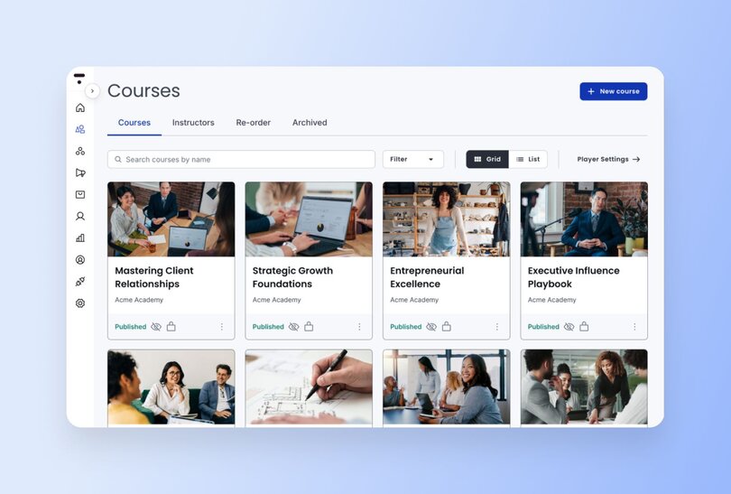 Course management dashboard on Thinkific displaying published business courses including 'Mastering Client Relationships,' 'Strategic Growth Foundations,' 'Entrepreneurial Excellence,' and 'Executive Influence Playbook