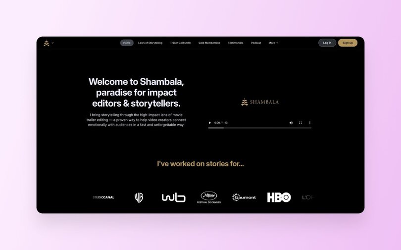 Shambala homepage with black background and golden text reading "Welcome to Shambala, paradise for impact editors & storytellers." Features embedded video player with Shambala logo and describes high-impact movie trailer editing approach. Bottom section shows "I've worked on stories for..." with logos of major studios including StudioCanal, Warner Bros, Festival de Cannes, Gaumont, and HBO.