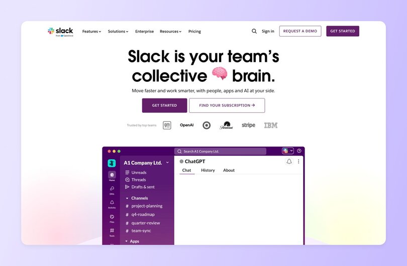 Slack homepage with purple border. Features tagline "Slack is your team's collective brain" with enterprise features menu and client logos including OpenAI, Paramount, Target, Stripe, and IBM. Shows workspace interface with channels and project messaging.