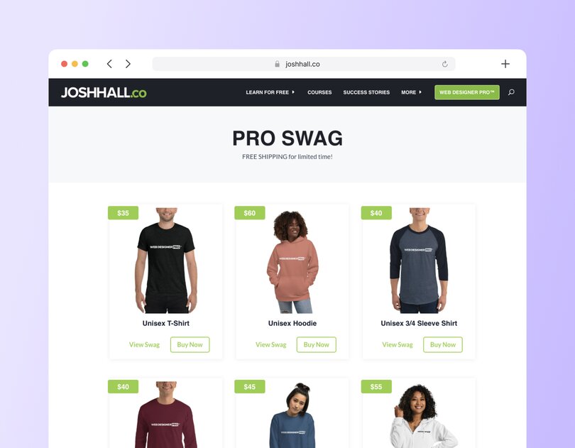 JoshHall.co merchandise page showing Web Designer Pro branded apparel including t-shirts, hoodies, and sweatshirts priced $35-$60.