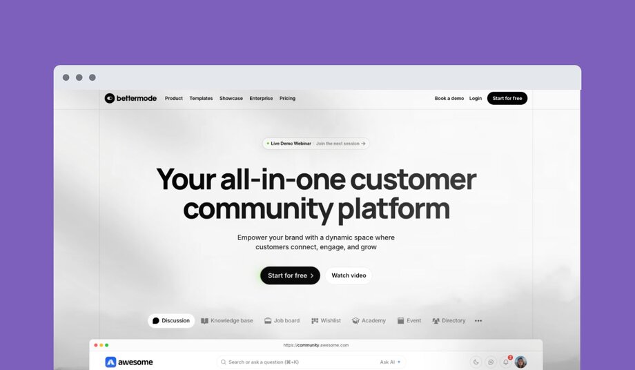 Bettermode platform website with headline "Your all-in-one customer community platform". Describes brand engagement space with features including Discussion, Knowledge base, Job board and others shown at bottom.