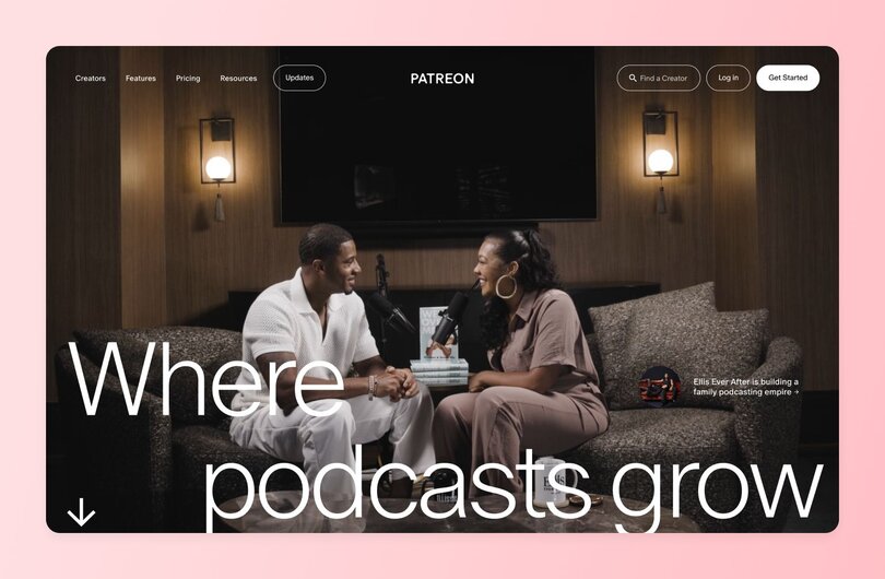 Patreon homepage showing two podcast hosts in conversation on a couch in a warm-lit studio, with the large headline 'Where podcasts grow.' A small callout highlights 'Ellis Ever After is building a family podcasting empire.'