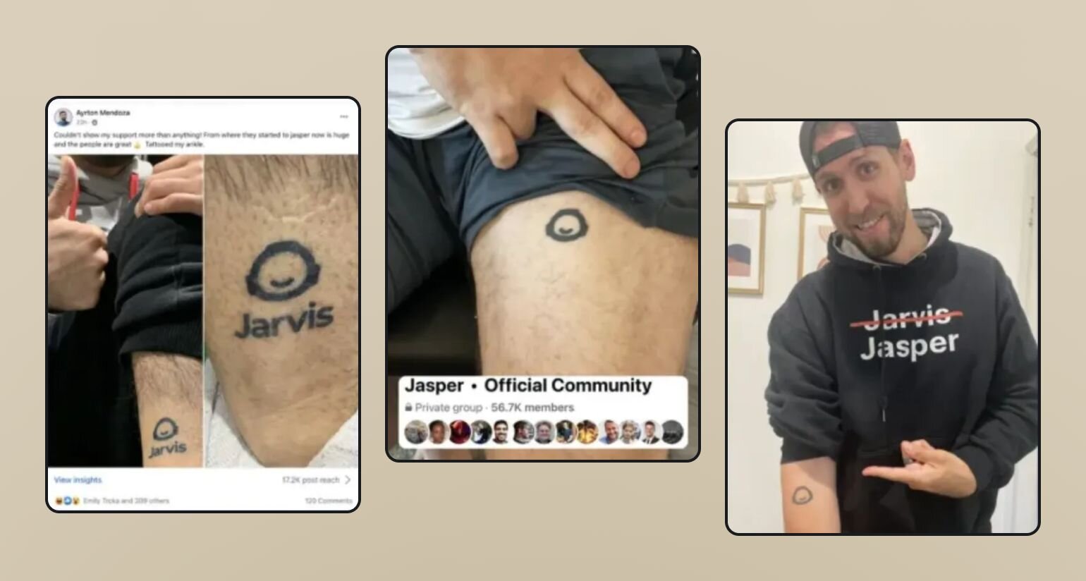 A collage of three images showing brand loyalty to Jasper.ai (formerly Jarvis): a social media post of someone getting the Jarvis logo tattooed, a close-up of the circular logo tattoo, and someone wearing a sweatshirt showing the brand transition from Jarvis to Jasper.