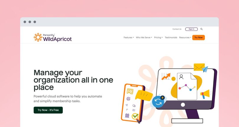 WildApricot platform homepage with heading 'Manage your organization all in one place.' Features minimalist design with illustration showing mobile and desktop interfaces with membership management tools.