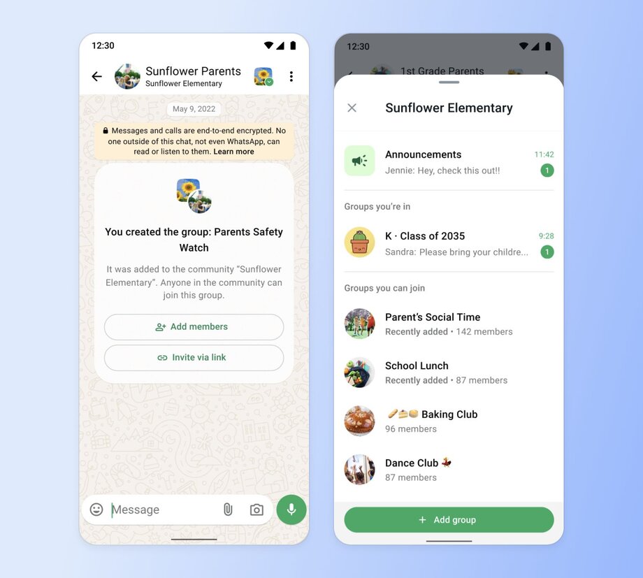 Mobile screenshot of WhatsApp showing two views: left screen displays a "Sunflower Parents" group with end-to-end encryption notification; right screen shows multiple school-related groups including announcements, class groups, and social groups for parents.