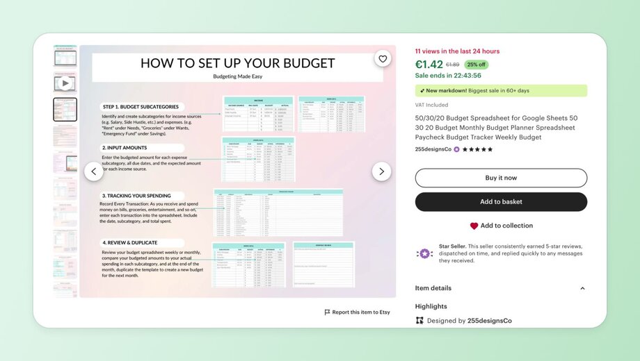 Etsy product listing for a budget spreadsheet template priced at €1.42 (25% off), showing step-by-step budget setup instructions with preview images of the Google Sheets template